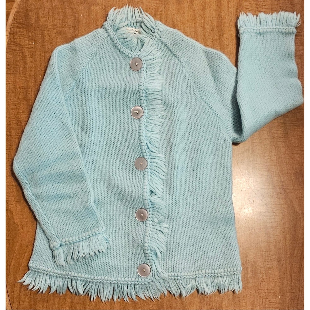 VintageVintage 50s 60s Mohair Fringe Knit Cardigan Sweater Boho Light Blue S B23